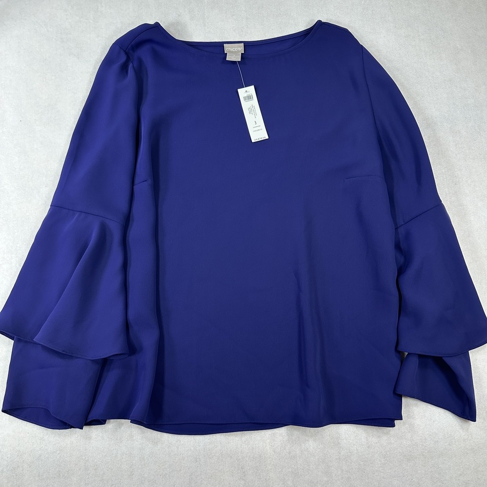 Chicos Satin Tiered Bell Sleeve Blouse Size 3 US XL Purple Pullover
